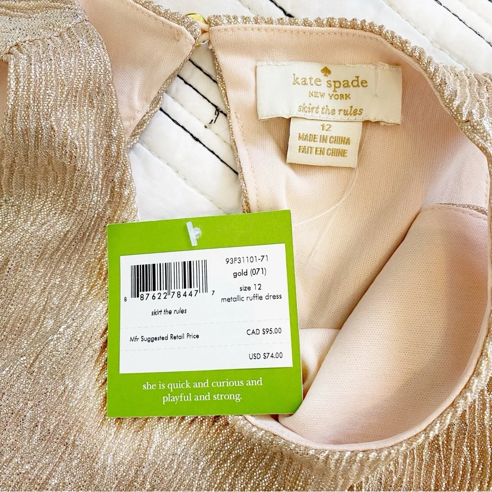 NWT Kate Spade Rose Gold Metallic Ruffle Sleeveless Sparkle Dress Girls size 12